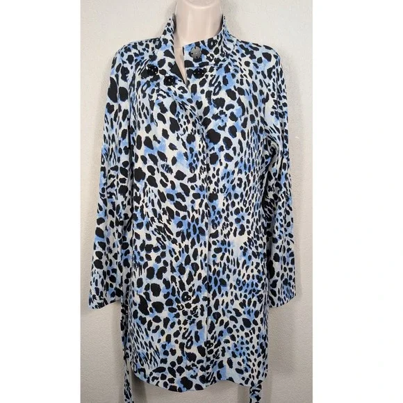 Susan Graver Blue Black LK Fusion Animal Print Long Sleeve Tie Waist‎ Coat Small - Picture 5 of 13